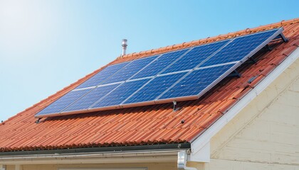 Modern solar panels gleam on a sunlit terracotta roof, harnessing clean energy for a sustainable home under a clear blue sky