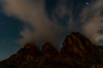 Starry sky over the Langkofel group in South Tyrol, Italy.