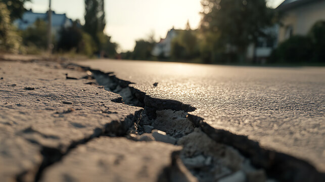 Close-up of a cracked asphalt road surface on a sunny day. The damage suggests wear or a sudden event. The neighborhood is visible in the soft-focus background.