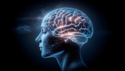 Artificial intelligence visualization - digital human face made of data particles, glowing neural patterns, representing virtual reality and technology transformation