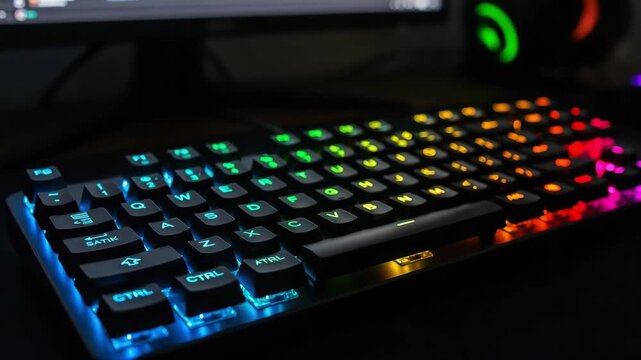 Closeup of a black mechanical gaming keyboard with vibrant pink and blue rgb backlighting