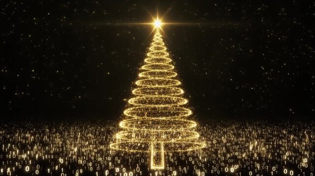Golden Particle Christmas Trees with Binary Code Matrix - Powered by Adobe