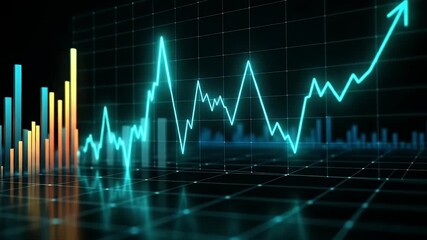 A dynamic digital animation displays a vibrant, glowing neon blue line graph fluctuating and trending upwards, indicating growth and success. Alongside, a colorful bar chart with reflective surfaces i - Powered by Adobe
