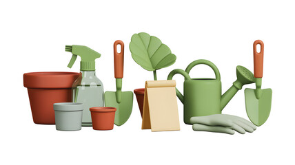 Gardening tools assortment on white background render representing hobby lifestyle