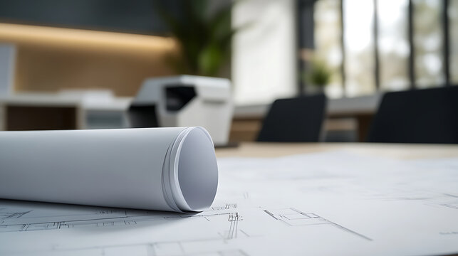 Architectural blueprints rolled out on a table, revealing detailed design plans. An office printer and seating area are in the background. The scene depicts planning and innovation.