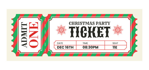 Merry Christmas ticket design template. Perfect for holiday events, corporate celebrations, or printable invitations. Retro vector illustration isolated on white background. Vintage mockup coupon