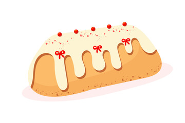 Festive Christmas cupcake with white icing, decorated with red berries and bows, hand-painted in soft warm colors, cozy festive mood, minimalist style, isolated on white background, vector illustratio
