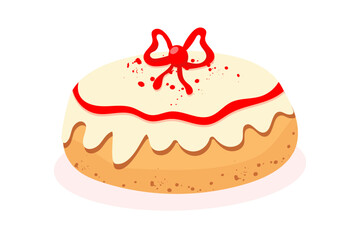 Festive Christmas cupcake with white icing, decorated with red berries and bows, hand-painted in soft warm colors, cozy festive mood, minimalist style, isolated on white background, vector illustratio
