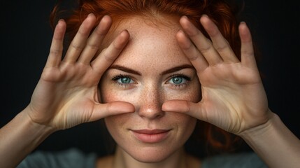 Obraz premium Cheerful woman framing face with hands