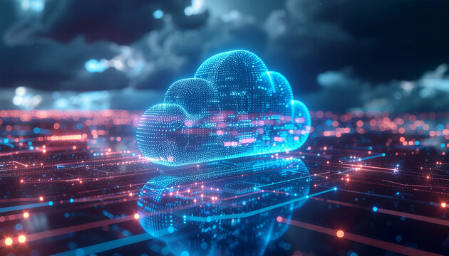 Dynamic digital cloud icon glows with vibrant blue and pink data streams over a futuristic network grid, representing global connectivity and innovation.