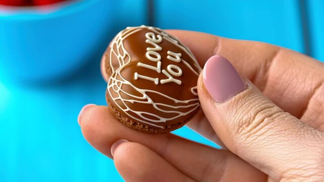 Heart chocolate candy love message romantic gift hand holding blue background sweet dessert romance cocoa treat icing detail affection close up