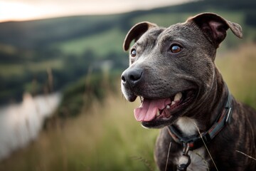 staffordshire bull terrier while standing against backdrop of an idyllic countryside