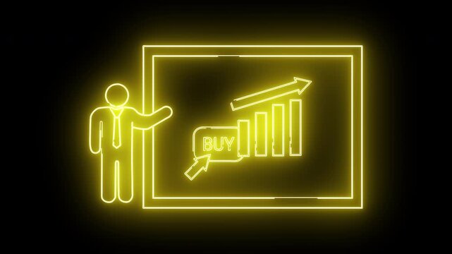 A neon yellow outline shows a person presenting a graph with a buy button