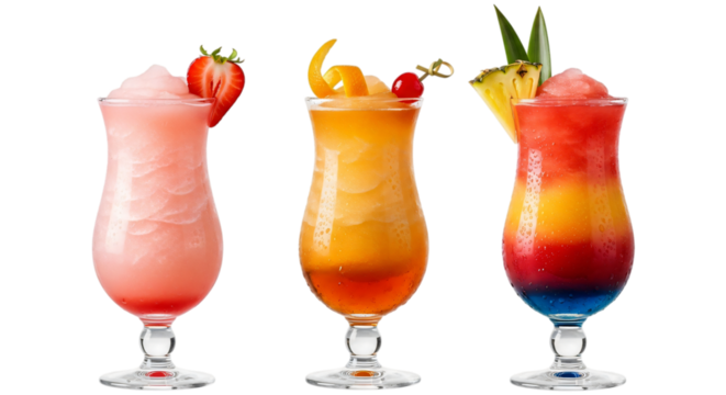 Three colorful frozen cocktails in hurricane glasses strawberry, orange, and layered tropical, isolated on transparent background