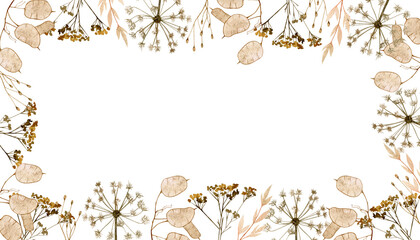Frame of watercolor dry grass. Horizontal hand drawn elegant botanical illustration. Can be used for wedding, birthday, greeting cards, banners, templates and cosmetic.