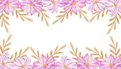 Horizontal border frame of pink flowers and gold leaves on white background. Watercolor illustration drawn by hand.