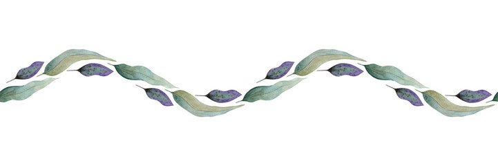 Watercolor branch green and purple leaves wave seamless border. The illustration botanical style hand drawn for invitations, cards, packaging.