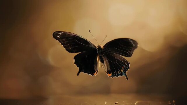 Butterfly in flight against a blurred brown background