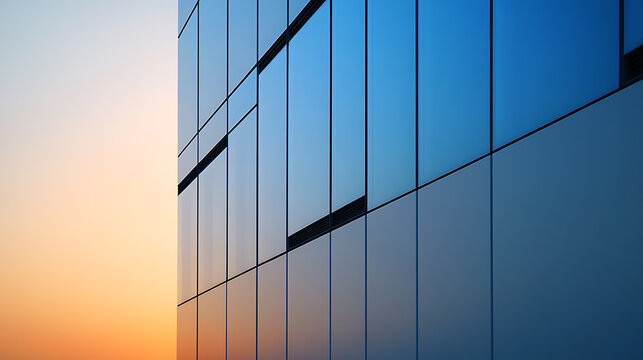 Modern architectural design with blue glass facade reflecting the sky at sunset. The clean lines and color gradients create a serene and contemporary aesthetic.