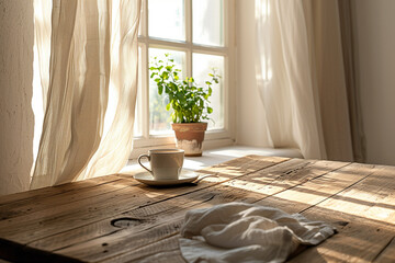 Cozy minimalist Scandinavian interior with morning light and coffee cup &ndash; calm lifestyle concept