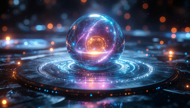 Futuristic glowing orb with vibrant energy swirls represents innovation, technology, and data visualization in a modern design