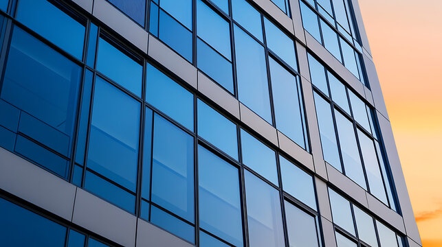 A modern office building with blue reflective windows is captured against a backdrop of soft sunset hues. The structure's clean lines and glass facade symbolize progress.