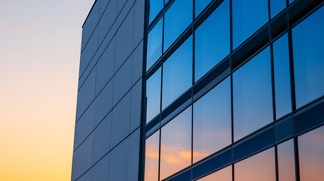 Urban glass facade gleams, sunset hues painted on its reflective surface. Modern architecture meets sky, a symphony of blues and oranges in this contemporary cityscape.