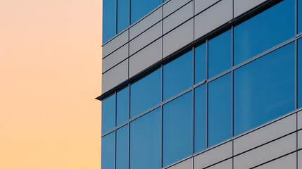 Contemporary Architecture: Geometric facade of a modern building featuring reflective blue glass windows contrasting with a pastel sunset sky. Minimalist design.