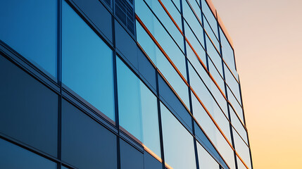 Facade of a modern building with glass windows, showcasing a sleek design. The architectural structure is bathed in soft light, highlighting its reflective surfaces and geometric lines.