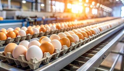 Fototapeta premium Rows of packed eggs on a conveyor belt under bright lighting in a factory, showing food production processing