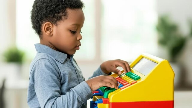 Curly hair boy preschool child blue shirt during indoor learning play cash register with colorful toy for early education and focused expression