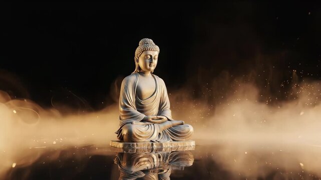 Buddha statue in a meditative pose surrounded by ethereal mist against a dark background
