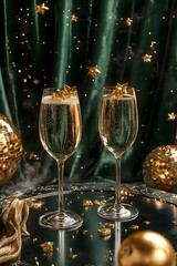 champagne glasses and christmas tree