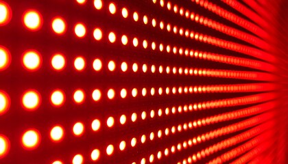 Rows of red LED lights stretch into the distance creating a warm, glowing, and slightly blurred perspective