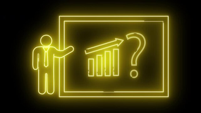 A neon yellow presentation features upward bar graph arrow question mark and a businessman