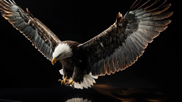 Bald eagle soaring with wings spread against a dark backdrop.