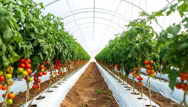 Rows of ripe, red tomatoes growing in a greenhouse with green leafy plants under a clear, arched roof