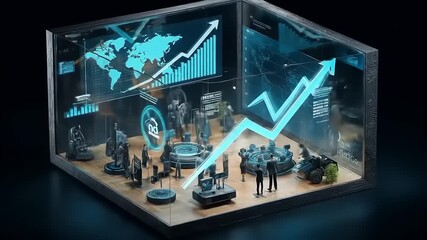 Abstract business diorama with growth arrow and global data analysis in 3D space - Powered by Adobe