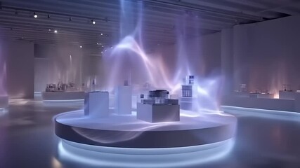 Futuristic art gallery with geometric displays and vibrant light effects creating a surreal ambiance