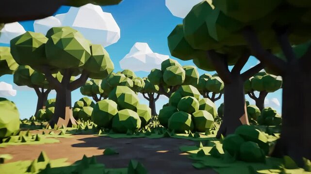 In a colorful forest, polygonal trees reach for the sky under a bright blue atmosphere. The sun shines down, creating playful shadows on the ground, inviting exploration and adventure.