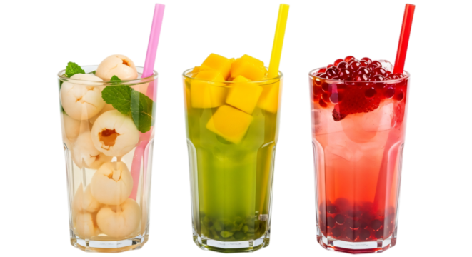 Three colorful fruit drinks in tall glasses with straws and fruit pieces, isolated on transparent background