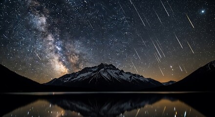 Majestic mountain range under a breathtaking meteor shower and milky way reflected in a serene lake at night creating a stunning celestial landscape view