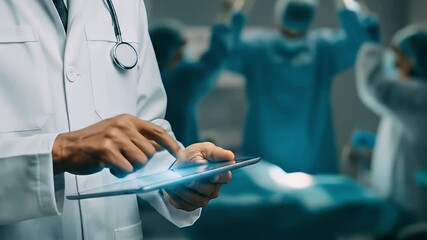 A focused medical professional, dressed in a crisp white lab coat with a stethoscope, is actively engaging with a glowing digital tablet. Their hands are precisely interacting with the touchscreen, sy - Powered by Adobe