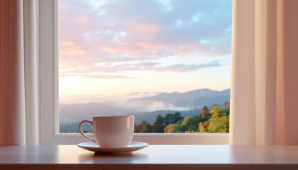 Caffeine effects on sleep can be influenced by enjoying cup of coffee at sunrise with peaceful mountain view