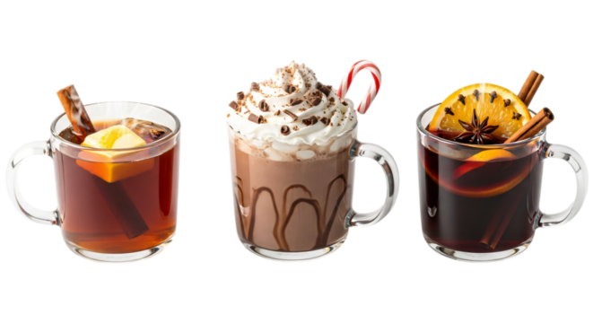 Three warm winter drinks including mulled wine and hot chocolate, isolated on transparent background