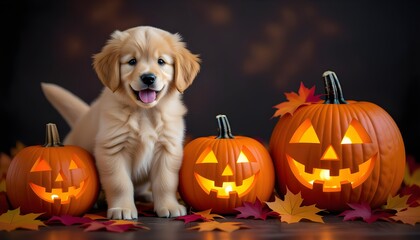 Cute Puppy with Pumpkins – Halloween Dog Illustration 300 DPI. Adorable golden retriever puppy. A charming Halloween-themed illustration full of warmth and festive spirit. AI generated image