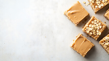 Delight in the simplicity of homemade oat bars: topped with smooth nut butter and sprinkled with oats. Each bite is a treat. Enjoy these squares of yum!