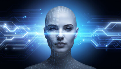 Futuristic AI woman with digital interface overlay, representing technology, innovation, and artificial intelligence for future concepts
