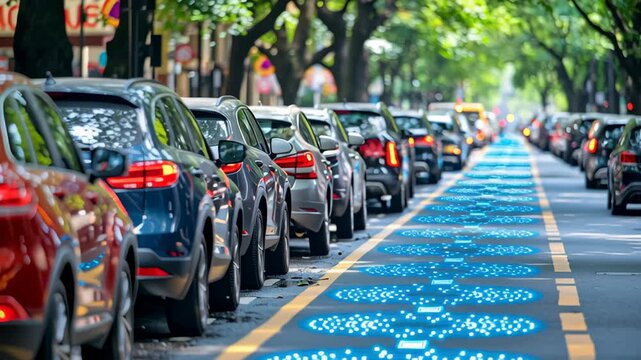 Smart city traffic urban road with autonomous car and electric vehicle flow, lane sensor data network and wireless charging, future mobility safety
