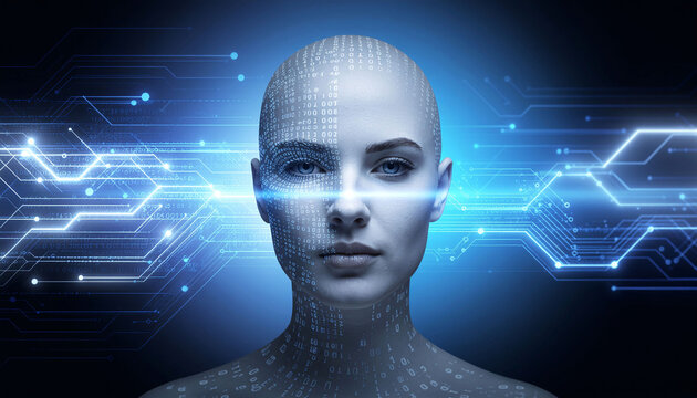 Futuristic AI woman with digital interface overlay, representing technology, innovation, and artificial intelligence for future concepts